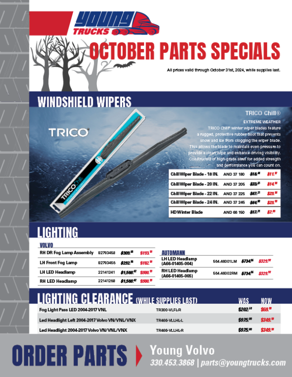 Young Trucks October Parts Specials - Trico windshield wipers, Volvo lighting, and clearance.