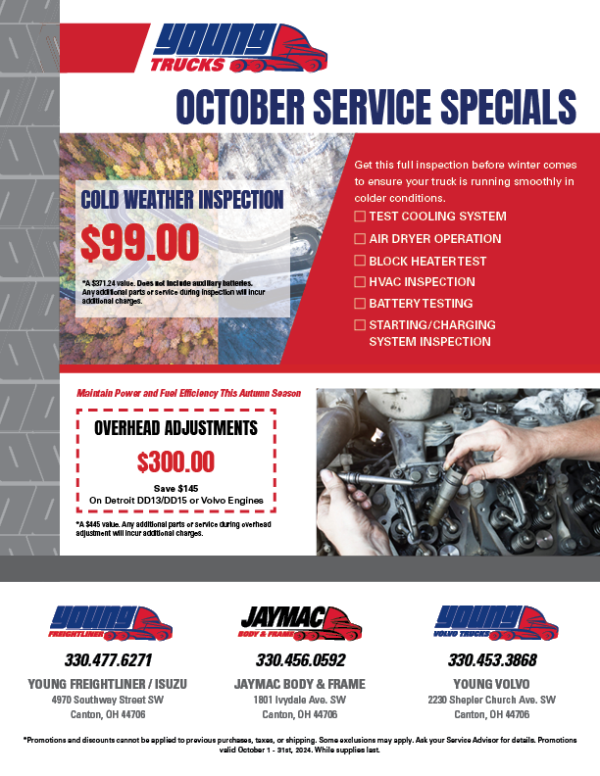 Young Trucks October Service Specials - Cold weather inspection and $300 overhead adjustments.